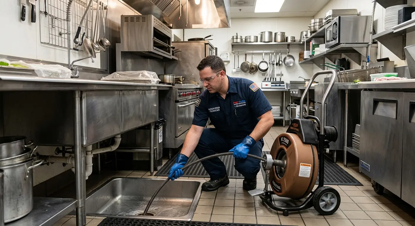 Commercial drain cleaning service in a restaurant kitchen in College Station