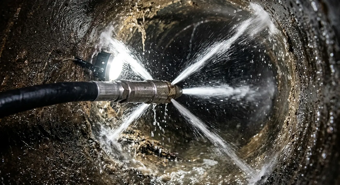 High-pressure hydro jetting nozzle cleaning sewer pipe for Sewer Cleanout in College Station