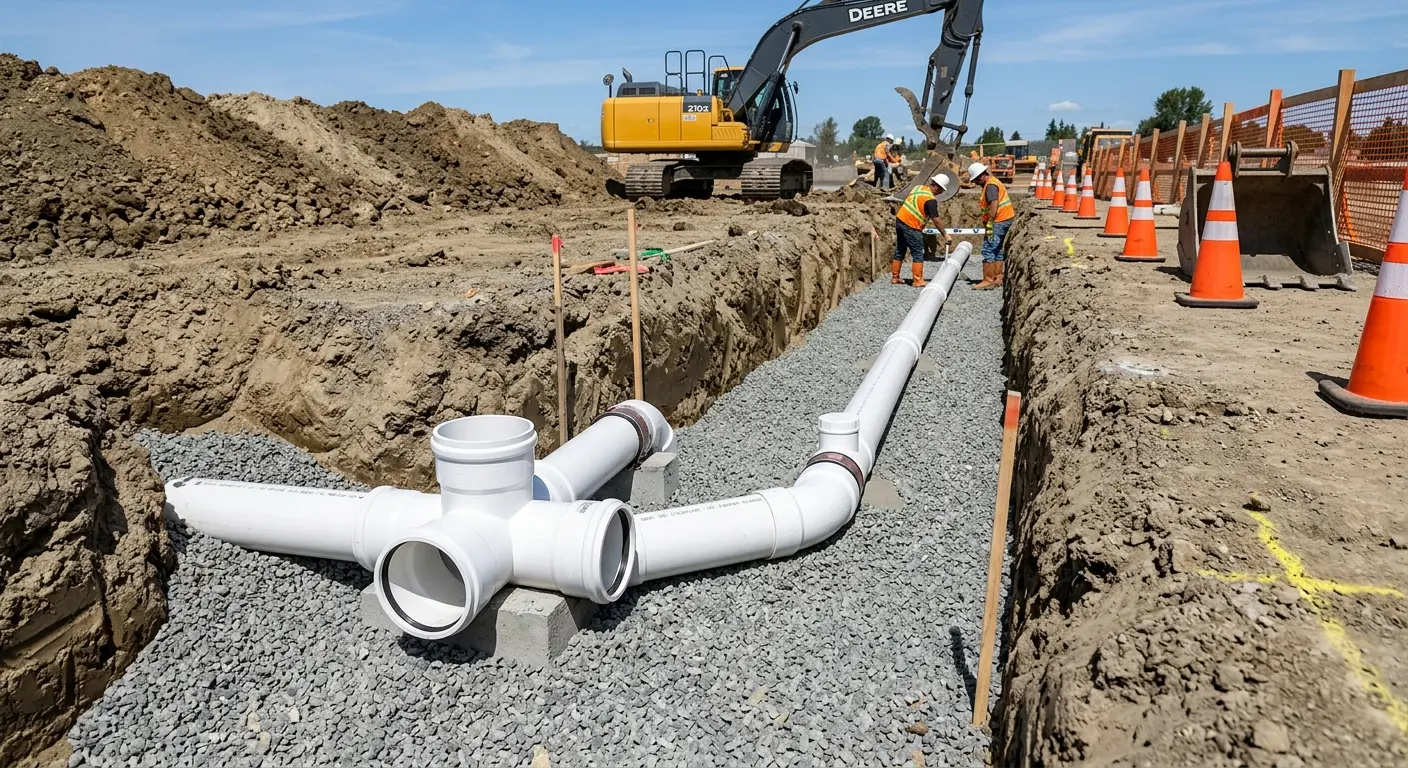 New PVC sewer pipe installation in open trench for Sewer Backup in College Station