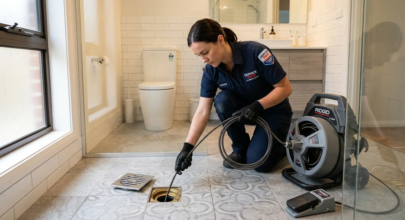 Technician clearing a bathroom floor drain for Clogged Drain Repair in College Station